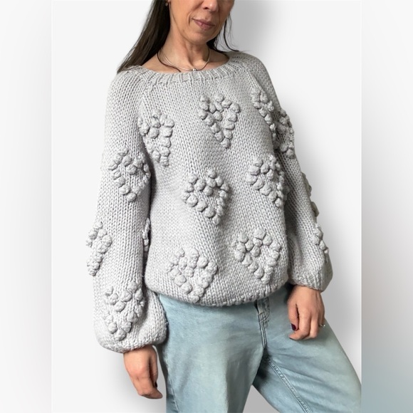 Chaser Sweaters - Chaser Chunky Pom Pom Hearts Knit Sweater